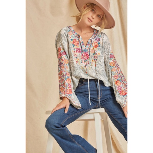 SOLD OUT Colorful Boho Floral Embroidered Long Sleeve Tie Woven Blouse Casual - Picture 2 of 6